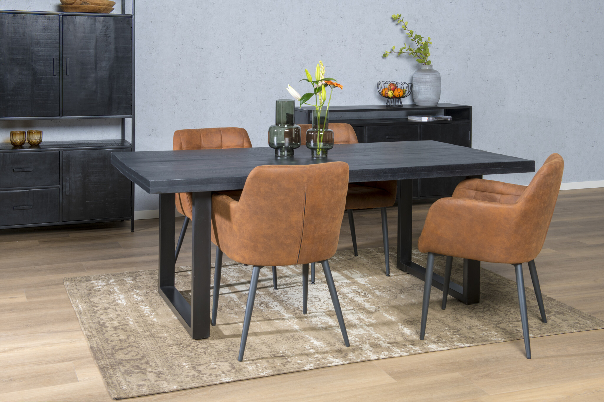 Livingfurn - Moderne Eetkamertafel Kala - U-Poten - van Mango en Hout Gecoat Staal - 200 cm - Zwart