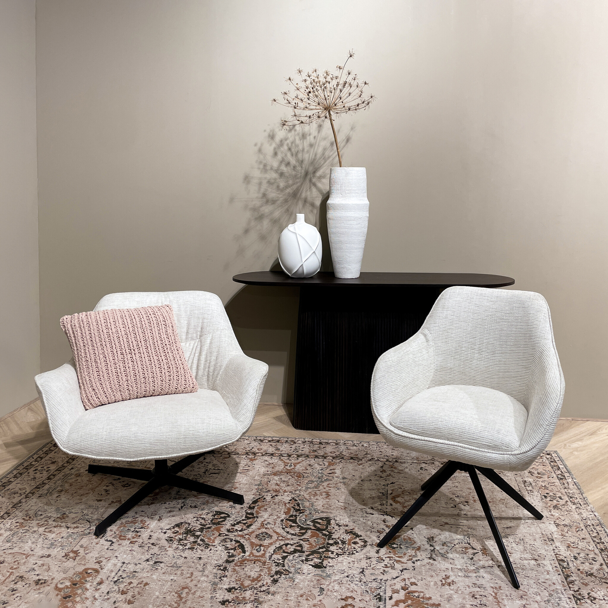 Livingfurn - Eetkamerstoel Thomas Sand - Wit - Stof - Set van 2