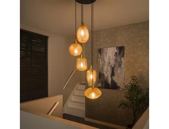 Hoyz Collection - Hanglamp 5L V-shape Pattern Getrapt - Amberkleurig Glas