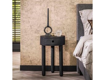 Hoyz Collection - Nachtkastje 1L Round Full Wood - Massief Acacia Zwart