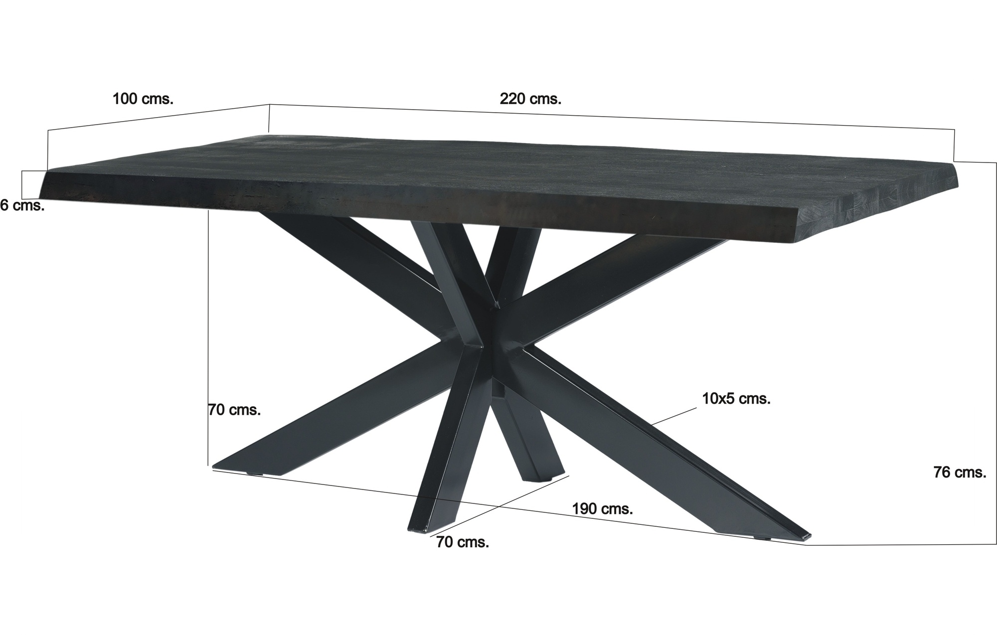 Livingfurn - Eetkamertafel Norris Tree - 220x100x76 cm - Mangohout / Gecoat Staal