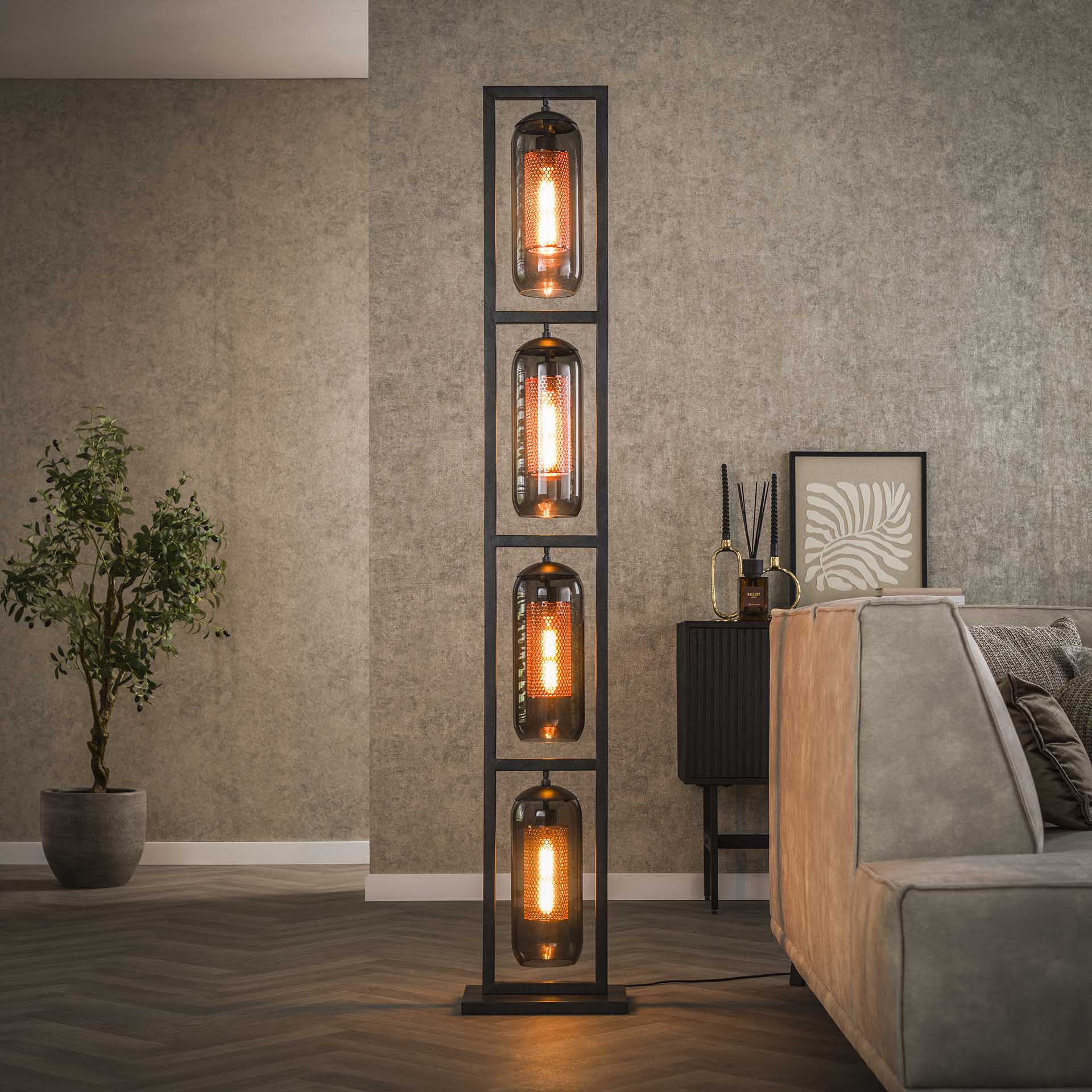 Hoyz - Vloerlamp Tower 4L - Smoke Glas - Artic Zwart