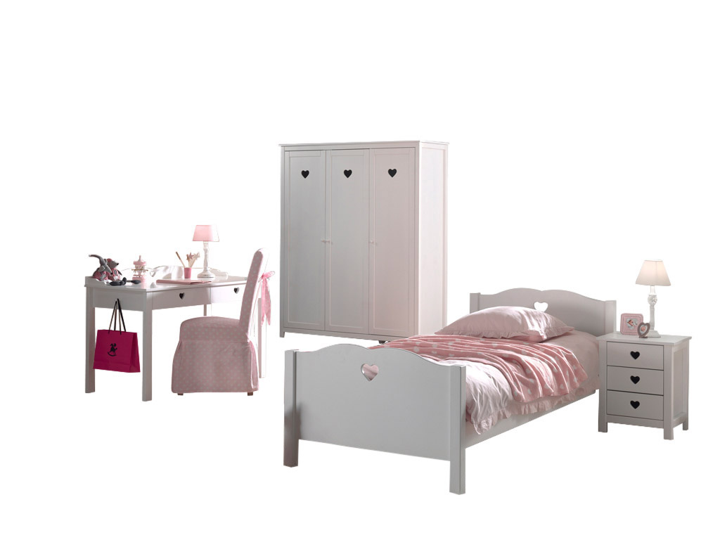 LUCEVI - Amori bed + Lattenbodem + Nachtkastje + 3 Deurs Kleerkast + Bureau - Wit - 90x200 cm