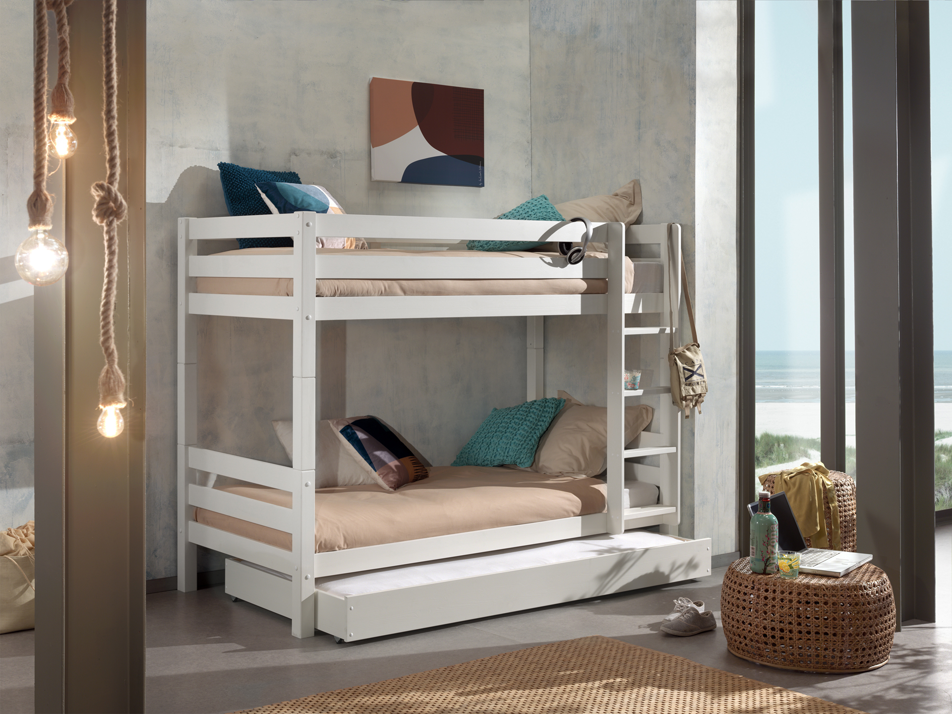 LUCEVI - Pino Stapelbed H160CM + Ladder + Rolbed - Wit - 90x200 cm