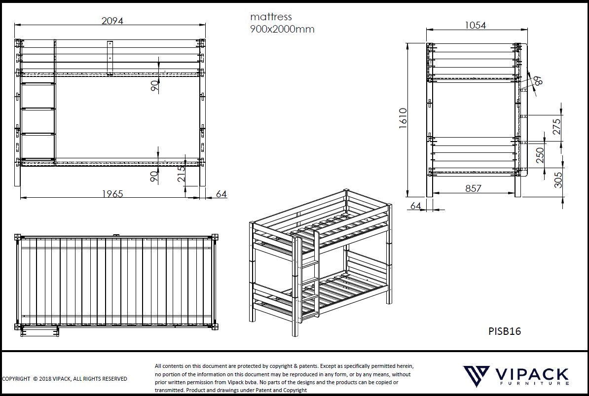 LUCEVI - Pino Stapelbed H160CM + Ladder + Rolbed - Wit - 90x200 cm