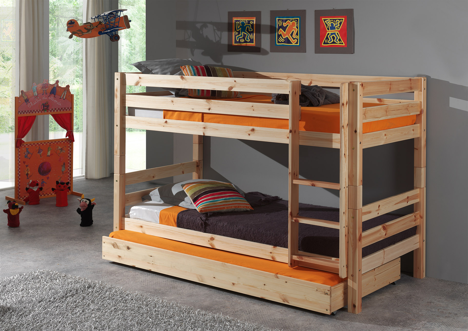LUCEVI - Pino Stapelbed H140CM + Rolbed + Ladder - Bruin - 90x200 cm