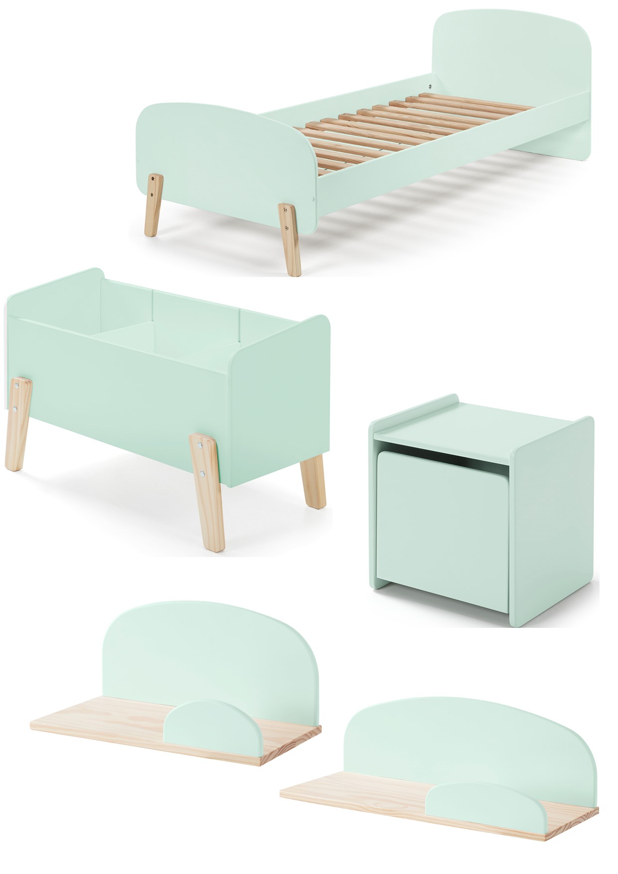 LUCEVI - Kiddy bed + Nachtkastje + Hangplankjes + Speelkoffer - Mint Green - 90x200 cm