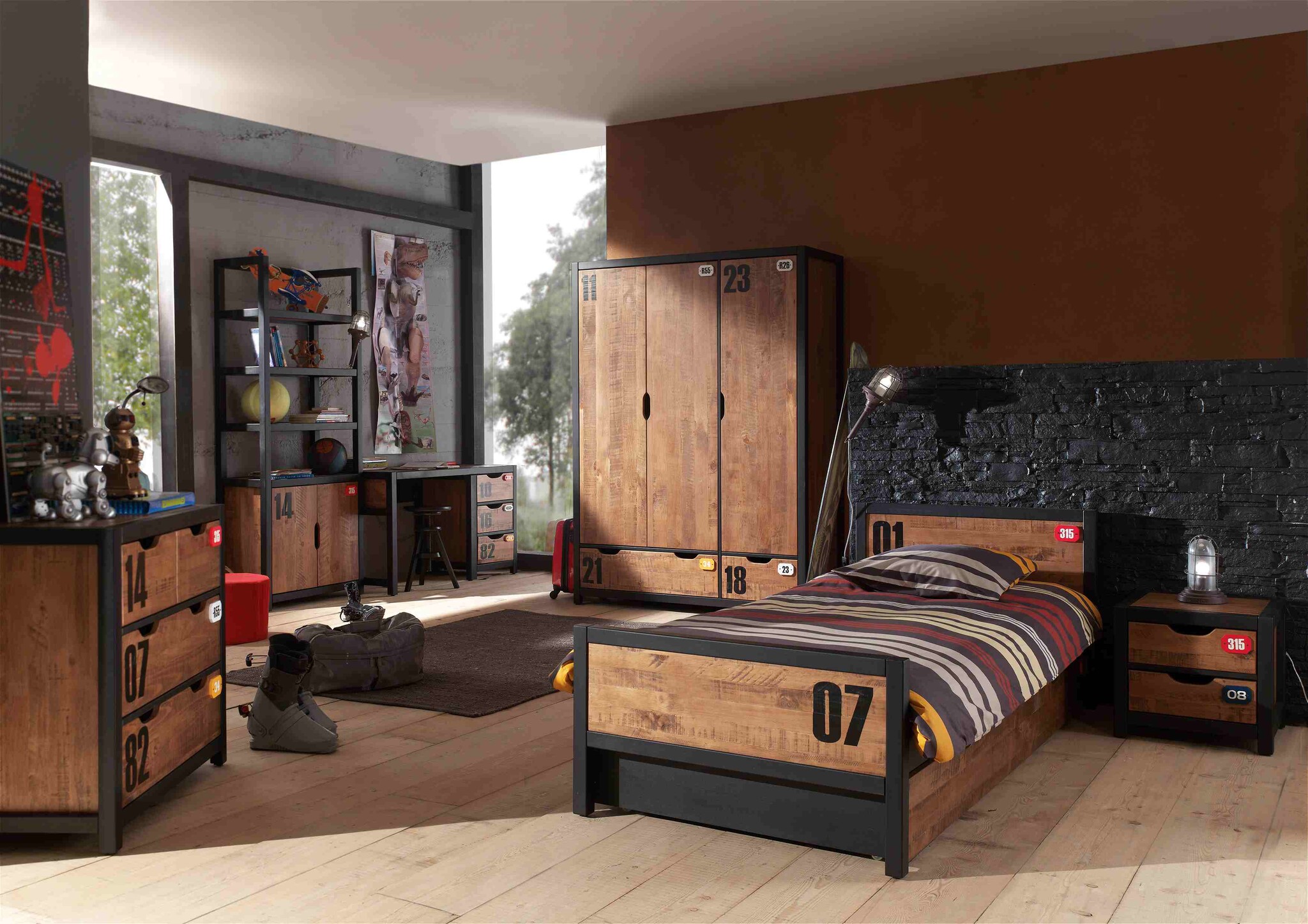 LUCEVI - Alex bed + Nachtkastje + Rolbed + Bureau + 3 Deurs Kleerkast + Boekenkast + Commode 3 laden - Bruin - 90x200 cm