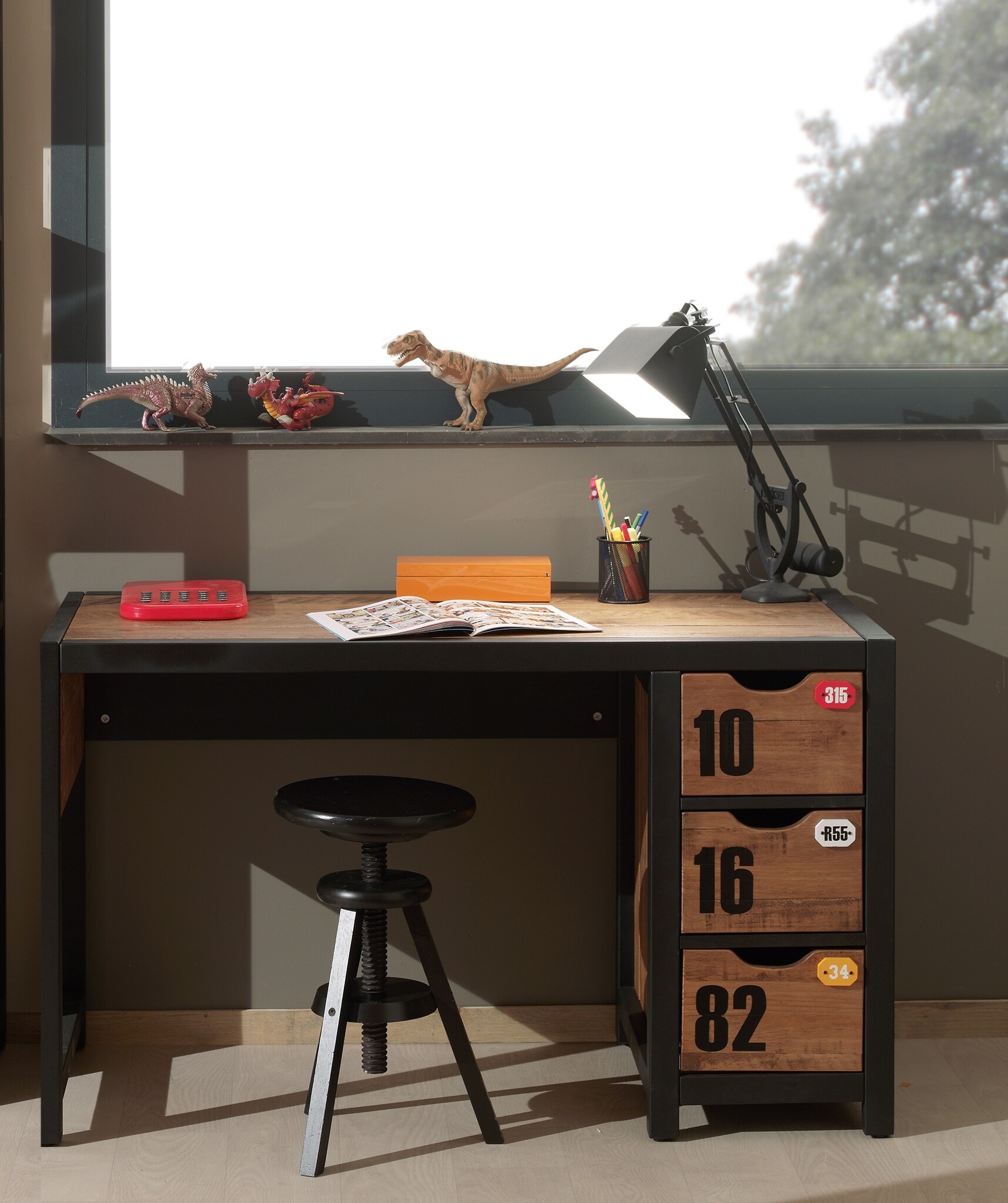 LUCEVI - Alex bed + Nachtkastje + Rolbed + Bureau + 3 Deurs Kleerkast + Boekenkast + Commode 3 laden - Bruin - 90x200 cm