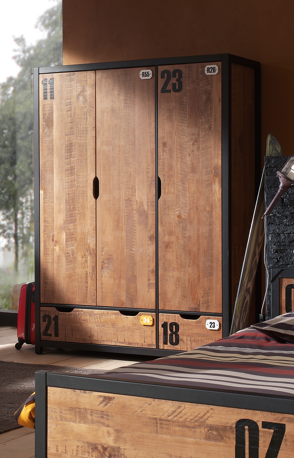 LUCEVI - Alex bed + Nachtkastje + Rolbed + Bureau + 3 Deurs Kleerkast + Boekenkast + Commode 3 laden - Bruin - 90x200 cm