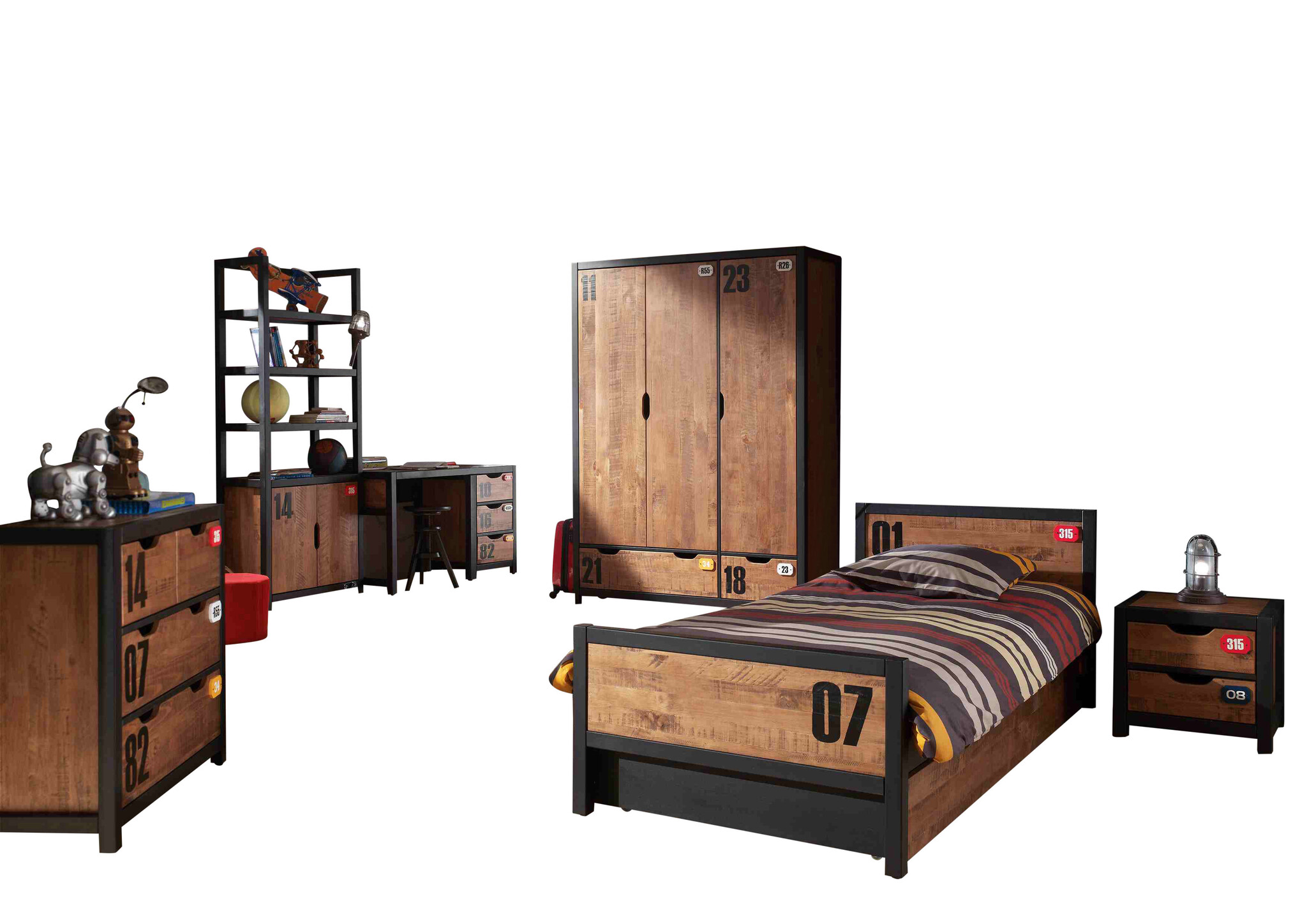 LUCEVI - Alex bed + Nachtkastje + Rolbed + Bureau + 3 Deurs Kleerkast + Boekenkast + Commode 3 laden - Bruin - 90x200 cm
