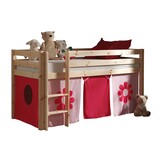 LUCEVI - Pino Halfhoogslaper + Ladder + Pink Flower Gordijntjes - Bruin - 90x200 cm