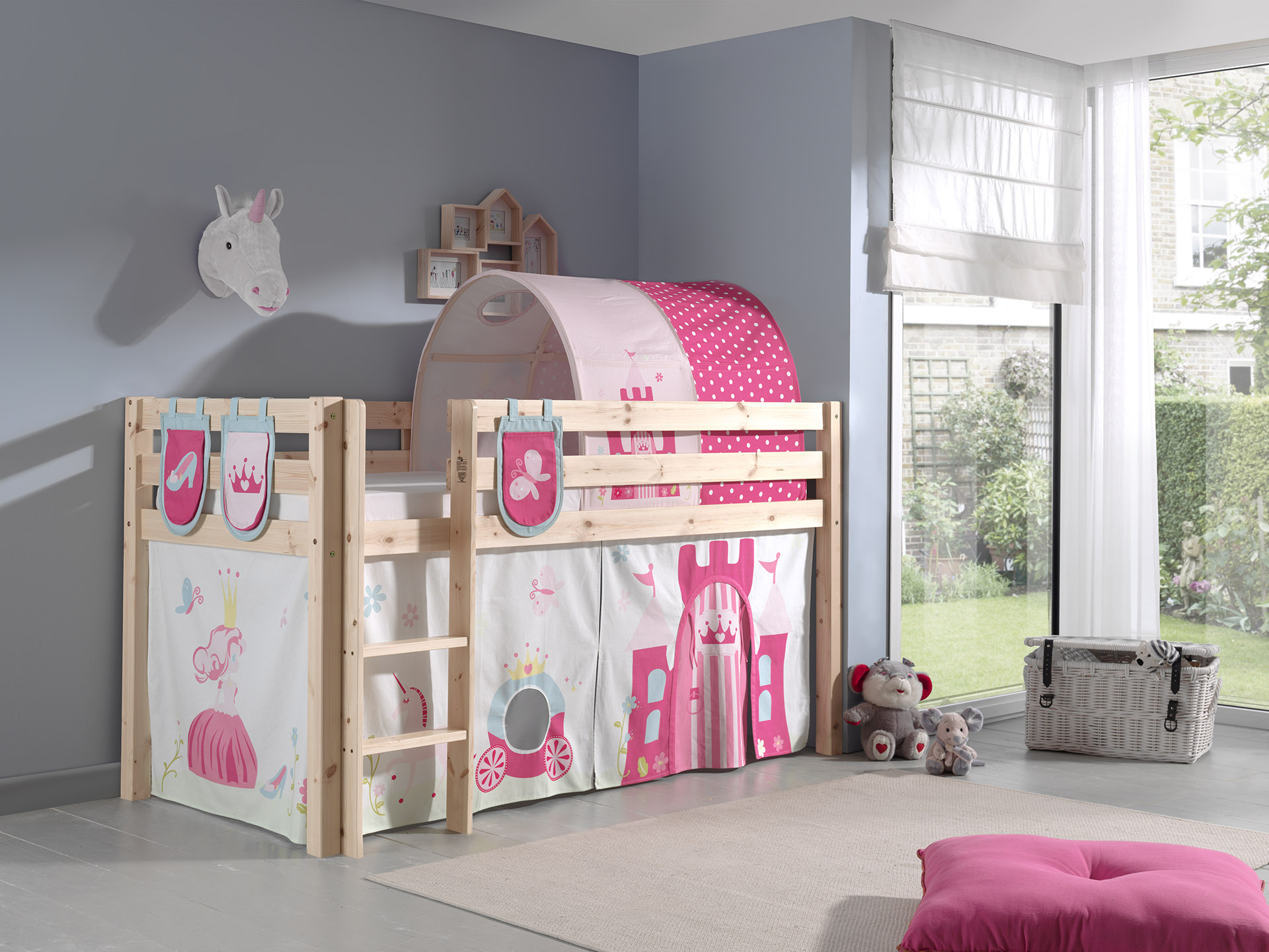 LUCEVI - Pino Halfhoogslaper + Ladder + Princess Gordijntjes + 3 Zakjes + Princess Tunnel - Bruin - 90x200 cm