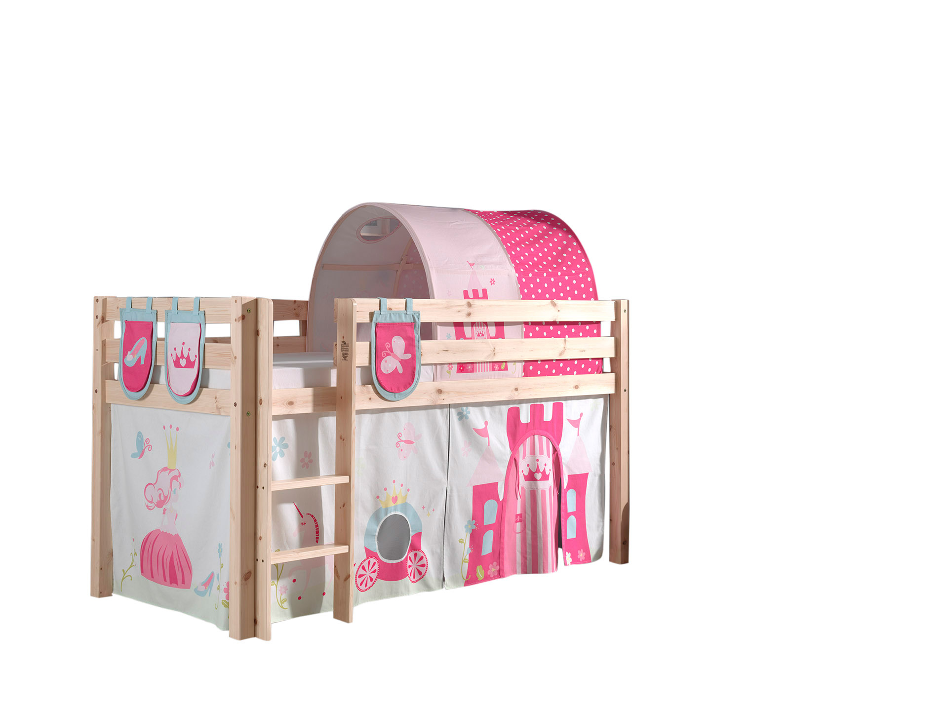 LUCEVI - Pino Halfhoogslaper + Ladder + Princess Gordijntjes + 3 Zakjes + Princess Tunnel - Bruin - 90x200 cm