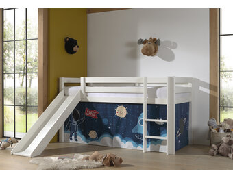 LUCEVI - Pino Halfhoogslaper H115CM + Ladder + Glijbaan + Space Shuttle Gordijntjes - Wit - 90x200 cm