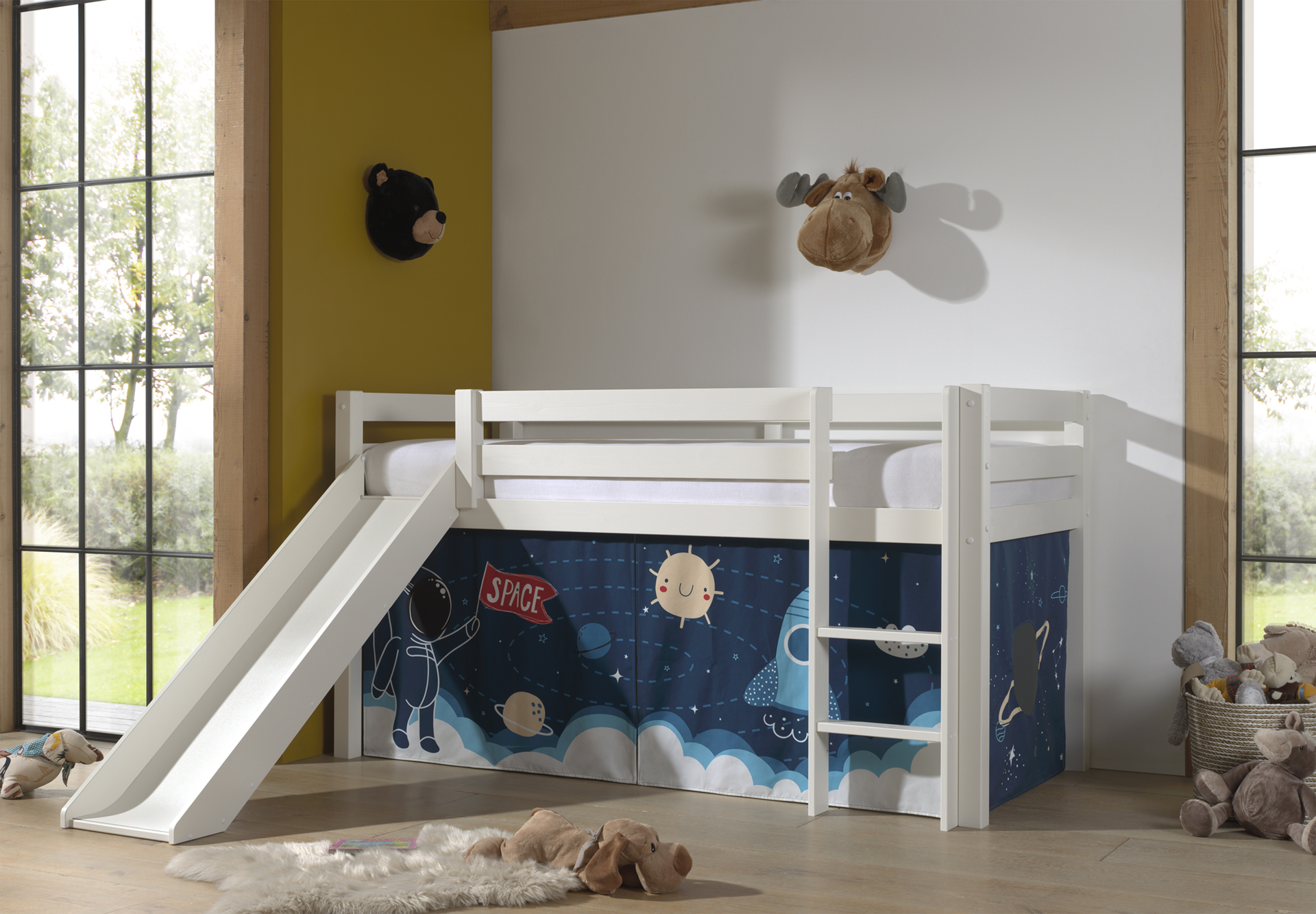 LUCEVI - Pino Halfhoogslaper H115CM + Ladder + Glijbaan + Space Shuttle Gordijntjes - Wit - 90x200 cm