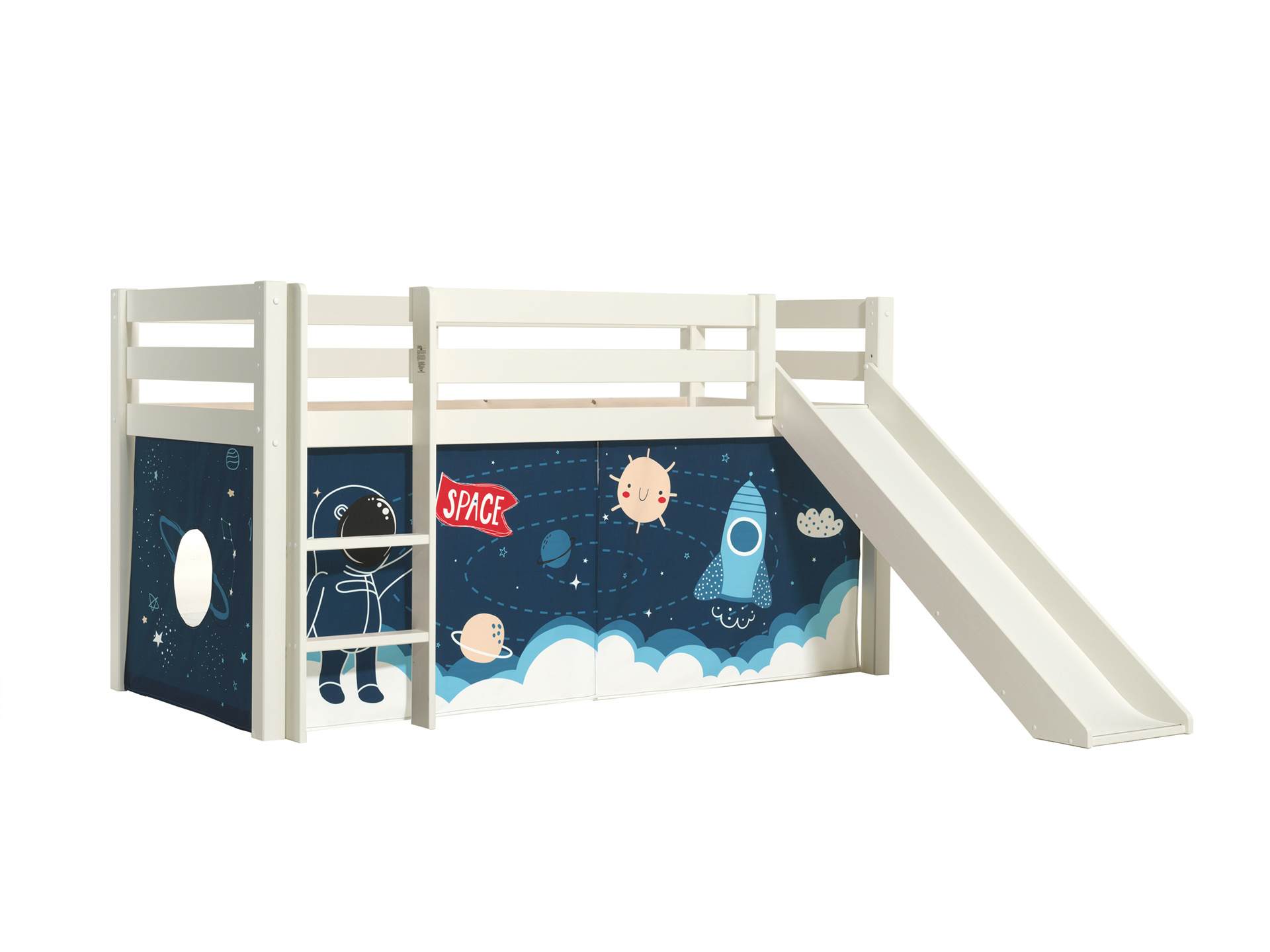 LUCEVI - Pino Halfhoogslaper H115CM + Ladder + Glijbaan + Space Shuttle Gordijntjes - Wit - 90x200 cm
