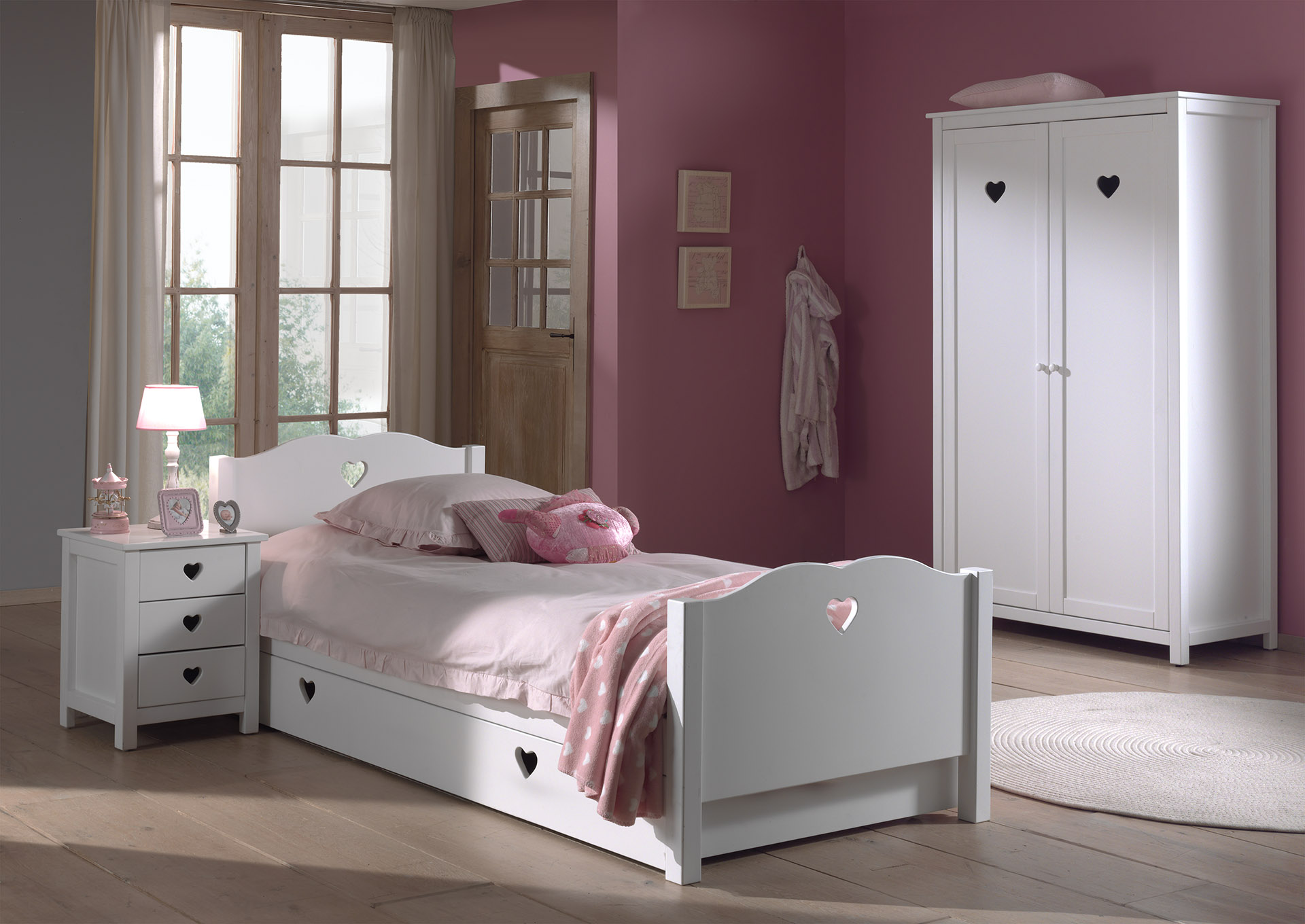 LUCEVI - Amori bed + Nachtkastje + 2 Deurs Kleerkast + Rolbed - Wit - 90x200 cm