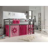 LUCEVI - Pino Halfhoogslaper H115CM + Ladder + Pink Flower Gordijntjes - Grijs - 90x200 cm