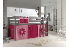 LUCEVI - Pino Halfhoogslaper H115CM + Ladder + Pink Flower Gordijntjes - Grijs - 90x200 cm
