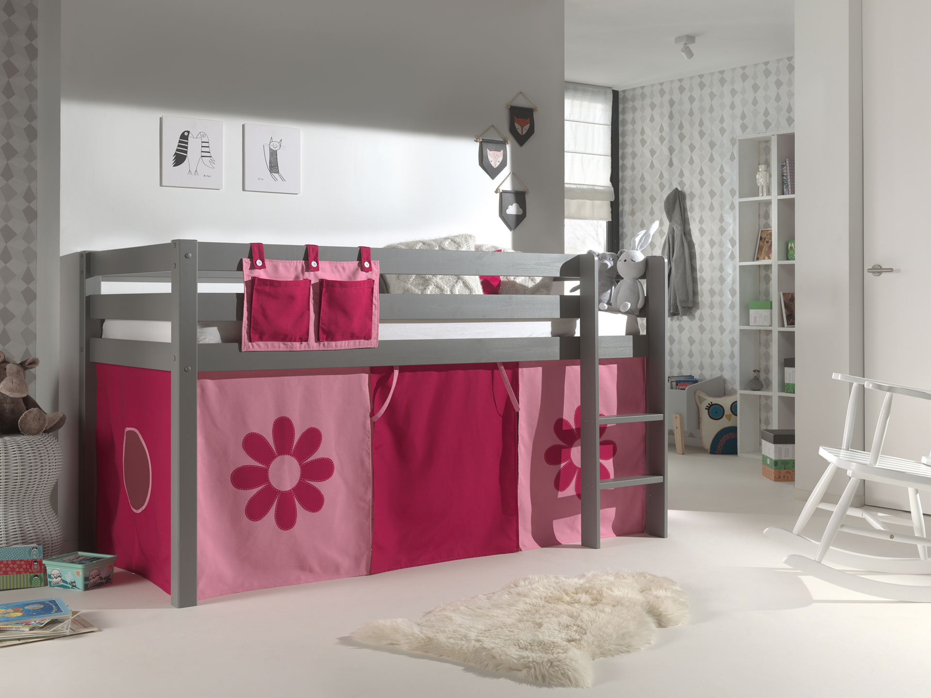 LUCEVI - Pino Halfhoogslaper H115CM + Ladder + Pink Flower Gordijntjes - Grijs - 90x200 cm