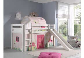 LUCEVI - Pino Halfhoogslaper + Ladder + Glijbaan + Spring Gordijntjes + Spring Tunnel - Wit - 90x200 cm