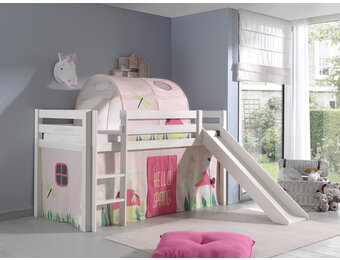 LUCEVI - Pino Halfhoogslaper + Ladder + Glijbaan + Spring Gordijntjes + Spring Tunnel - Wit - 90x200 cm