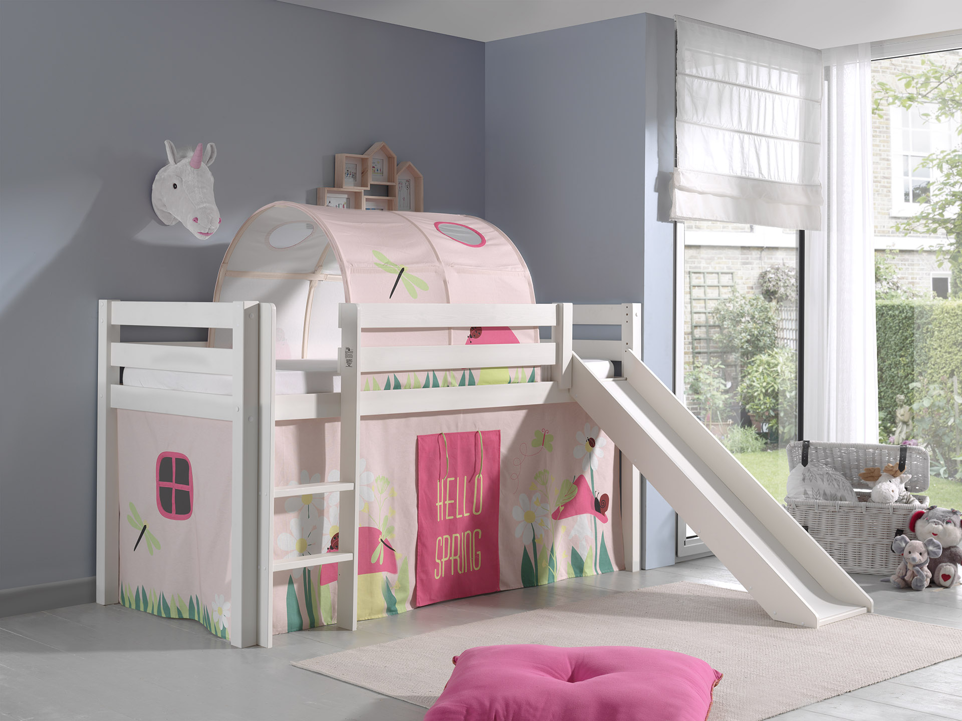 LUCEVI - Pino Halfhoogslaper + Ladder + Glijbaan + Spring Gordijntjes + Spring Tunnel - Wit - 90x200 cm