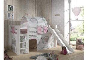 LUCEVI - Pino Halfhoogslaper + Ladder + Glijbaan + Birdy Gordijntjes + 3 Zakjes + Birdy Tunnel - Wit - 90x200 cm