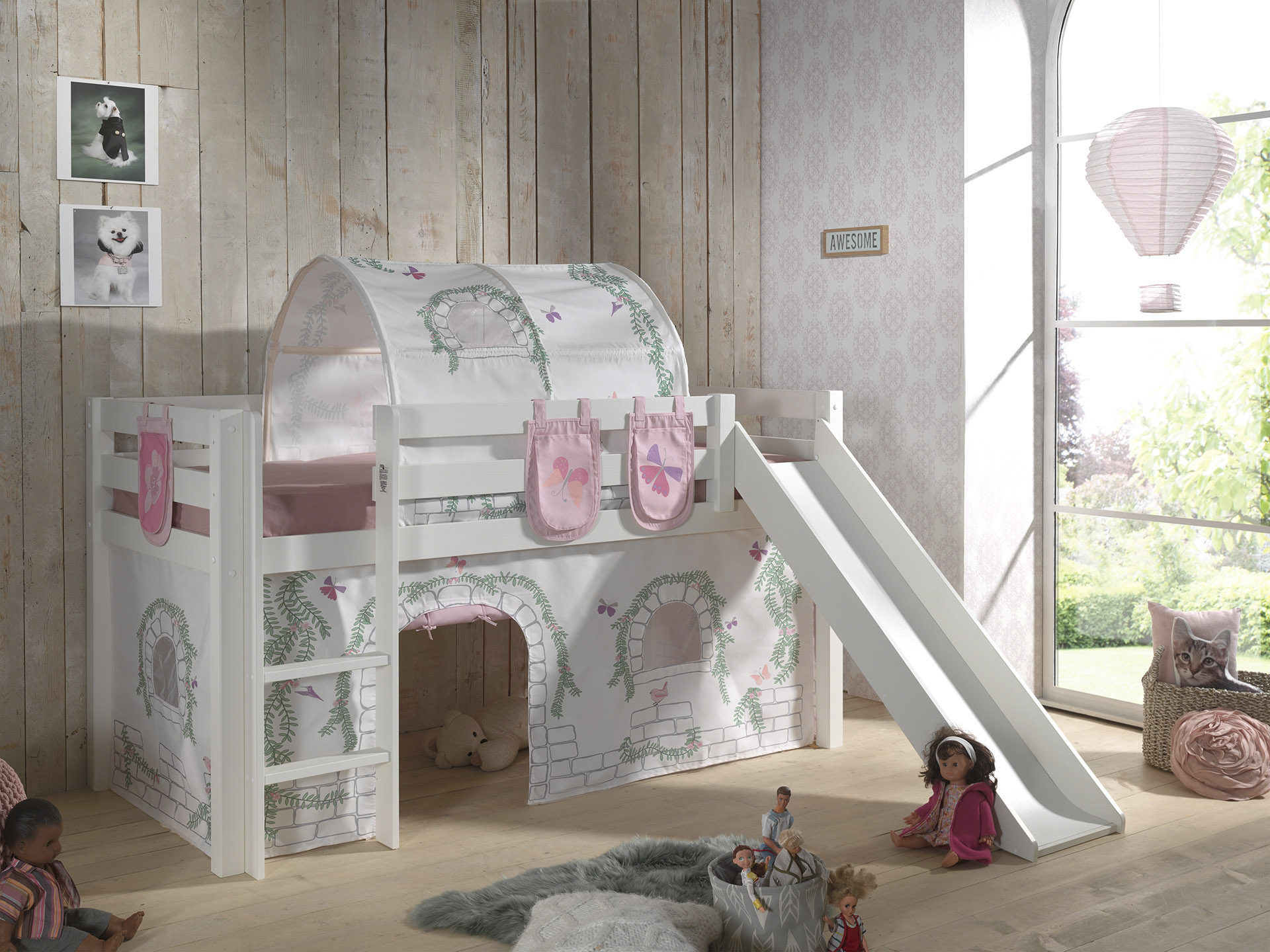 LUCEVI - Pino Halfhoogslaper + Ladder + Glijbaan + Birdy Gordijntjes + 3 Zakjes + Birdy Tunnel - Wit - 90x200 cm