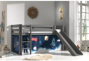 LUCEVI - Pino Halfhoogslaper H115CM + Ladder + Glijbaan + Space Shuttle Gordijntjes - Grijs - 90x200 cm