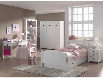 LUCEVI - Amori bed + Lattenbodem + Nachtkastje + 3 Deurs Kleerkast + Bureau + Boekenkast + Rolbed - Wit - 90x200 cm