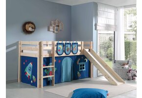 LUCEVI - Pino Halfhoogslaper + Ladder + Glijbaan + Astro Gordijntjes + 3 Zakjes - Bruin - 90x200 cm