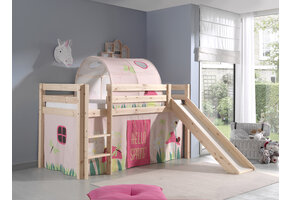 LUCEVI - Pino Halfhoogslaper + Ladder + Glijbaan + Spring Gordijntjes + Spring Tunnel - Bruin - 90x200 cm