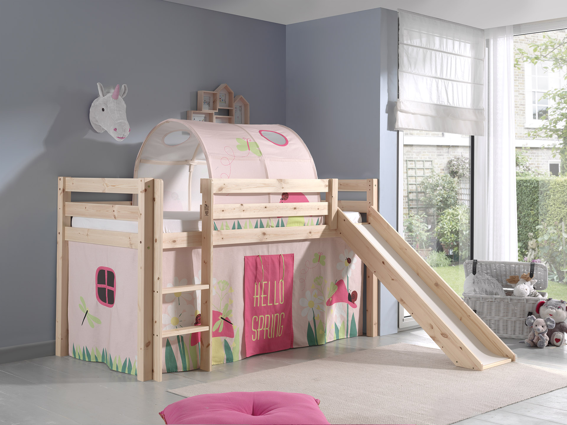 LUCEVI - Pino Halfhoogslaper + Ladder + Glijbaan + Spring Gordijntjes + Spring Tunnel - Bruin - 90x200 cm