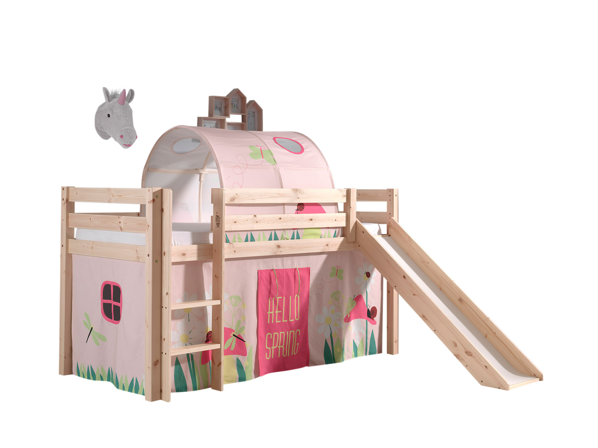 LUCEVI - Pino Halfhoogslaper + Ladder + Glijbaan + Spring Gordijntjes + Spring Tunnel - Bruin - 90x200 cm