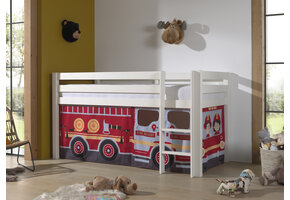LUCEVI - Pino Halfhoogslaper H115CM + Ladder + Fire Truck Gordijntjes - Wit - 90x200 cm