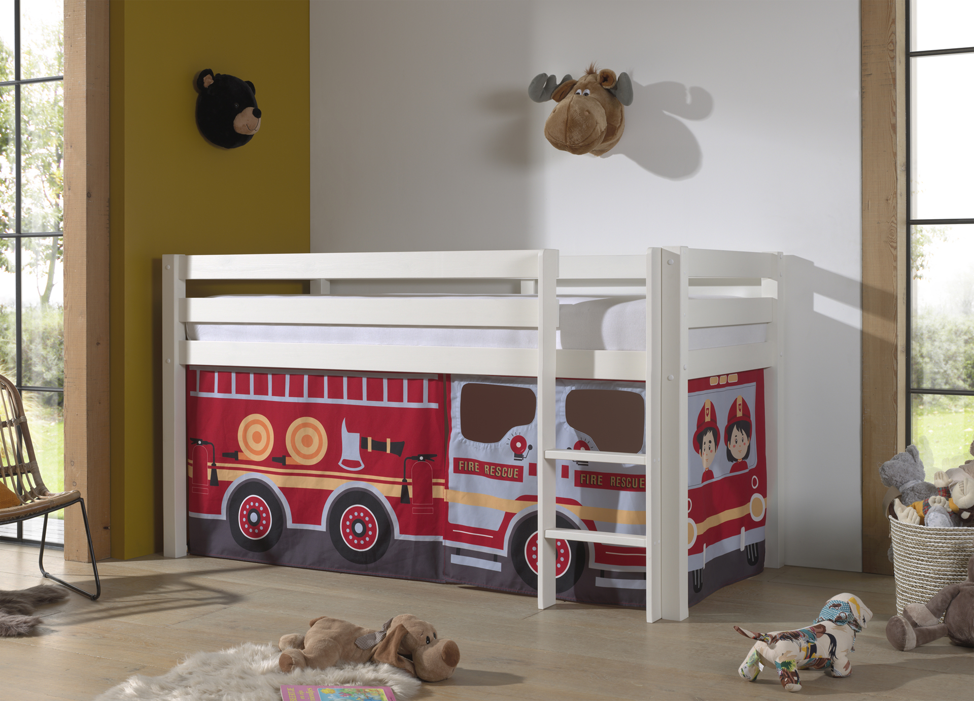 LUCEVI - Pino Halfhoogslaper H115CM + Ladder + Fire Truck Gordijntjes - Wit - 90x200 cm