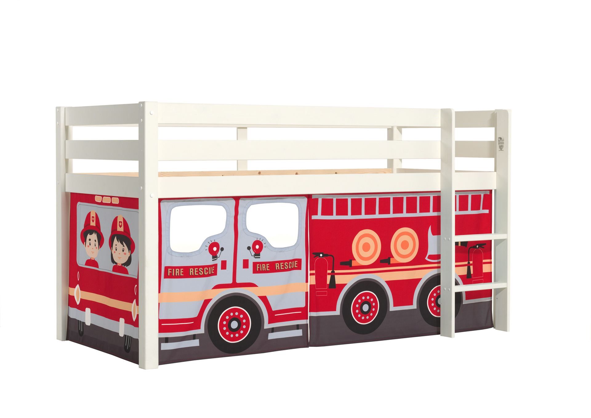 LUCEVI - Pino Halfhoogslaper H115CM + Ladder + Fire Truck Gordijntjes - Wit - 90x200 cm