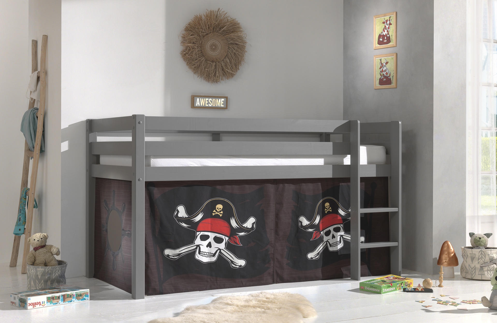 LUCEVI - Pino Halfhoogslaper H115CM + Ladder + Caribian Pirates Gordijntjes - Grijs - 90x200 cm