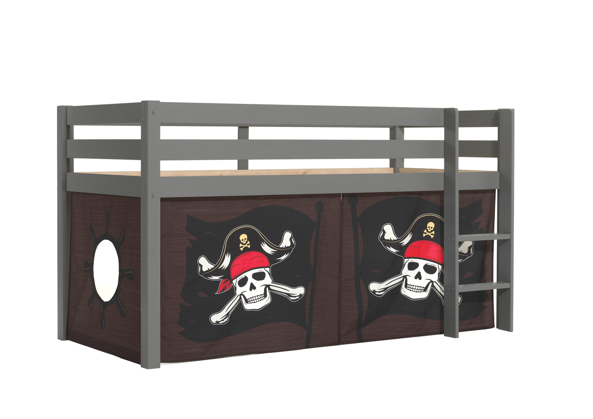 LUCEVI - Pino Halfhoogslaper H115CM + Ladder + Caribian Pirates Gordijntjes - Grijs - 90x200 cm