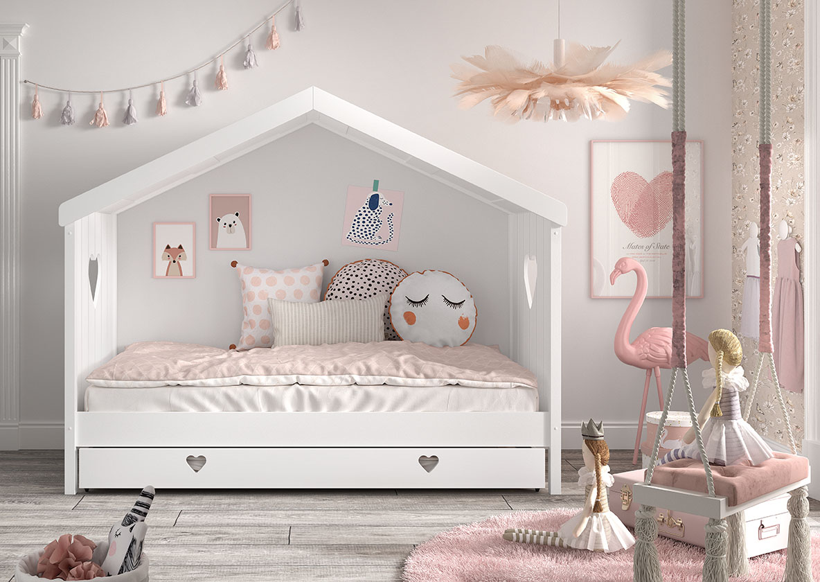 LUCEVI - Amori 90 Huisbed Zonder Rug + Lattenbodem + Rolbed - Wit - 90x200 cm