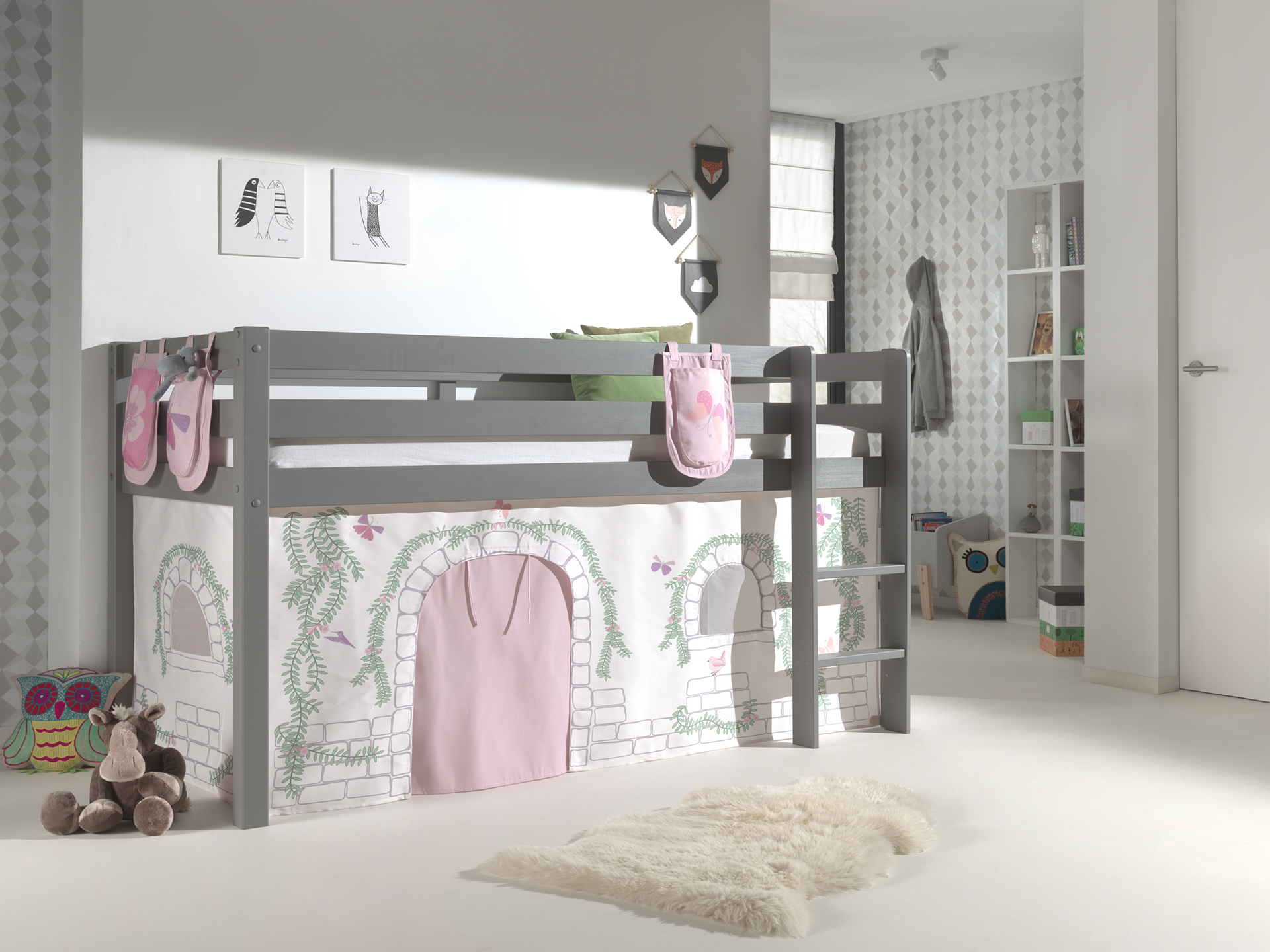 LUCEVI - Pino Halfhoogslaper H115CM + Ladder + Birdy Gordijntjes + 3 Zakjes - Grijs - 90x200 cm