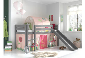 LUCEVI - Pino Halfhoogslaper + Ladder + Glijbaan + Spring Gordijntjes + Spring Tunnel - Grijs - 90x200 cm