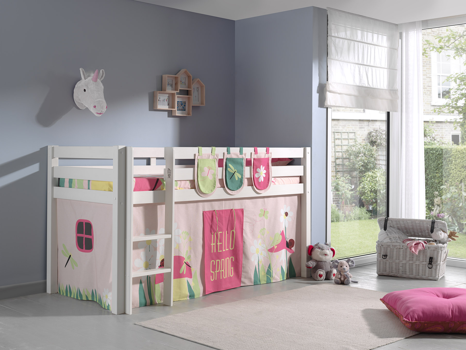 LUCEVI - Pino Halfhoogslaper + Ladder + Spring Gordijntjes + 3 Zakjes - Wit - 90x200 cm