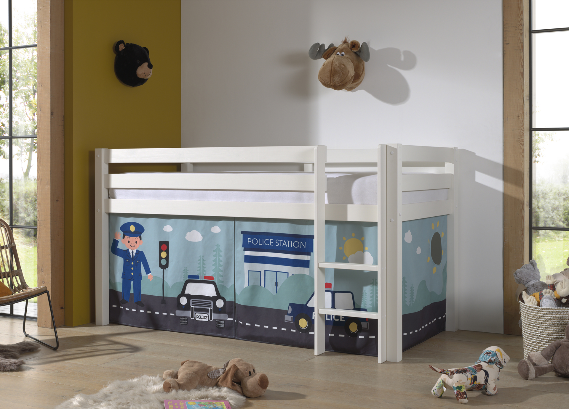 LUCEVI - Pino Halfhoogslaper H115CM + Ladder + Police Gordijntjes - Wit - 90x200 cm