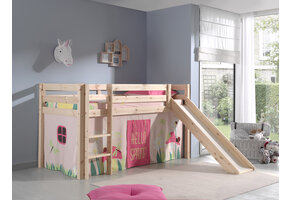 LUCEVI - Pino Halfhoogslaper + Ladder + Glijbaan + Spring Gordijntjes - Bruin - 90x200 cm