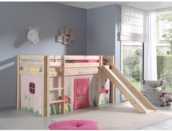 LUCEVI - Pino Halfhoogslaper + Ladder + Glijbaan + Spring Gordijntjes - Bruin - 90x200 cm