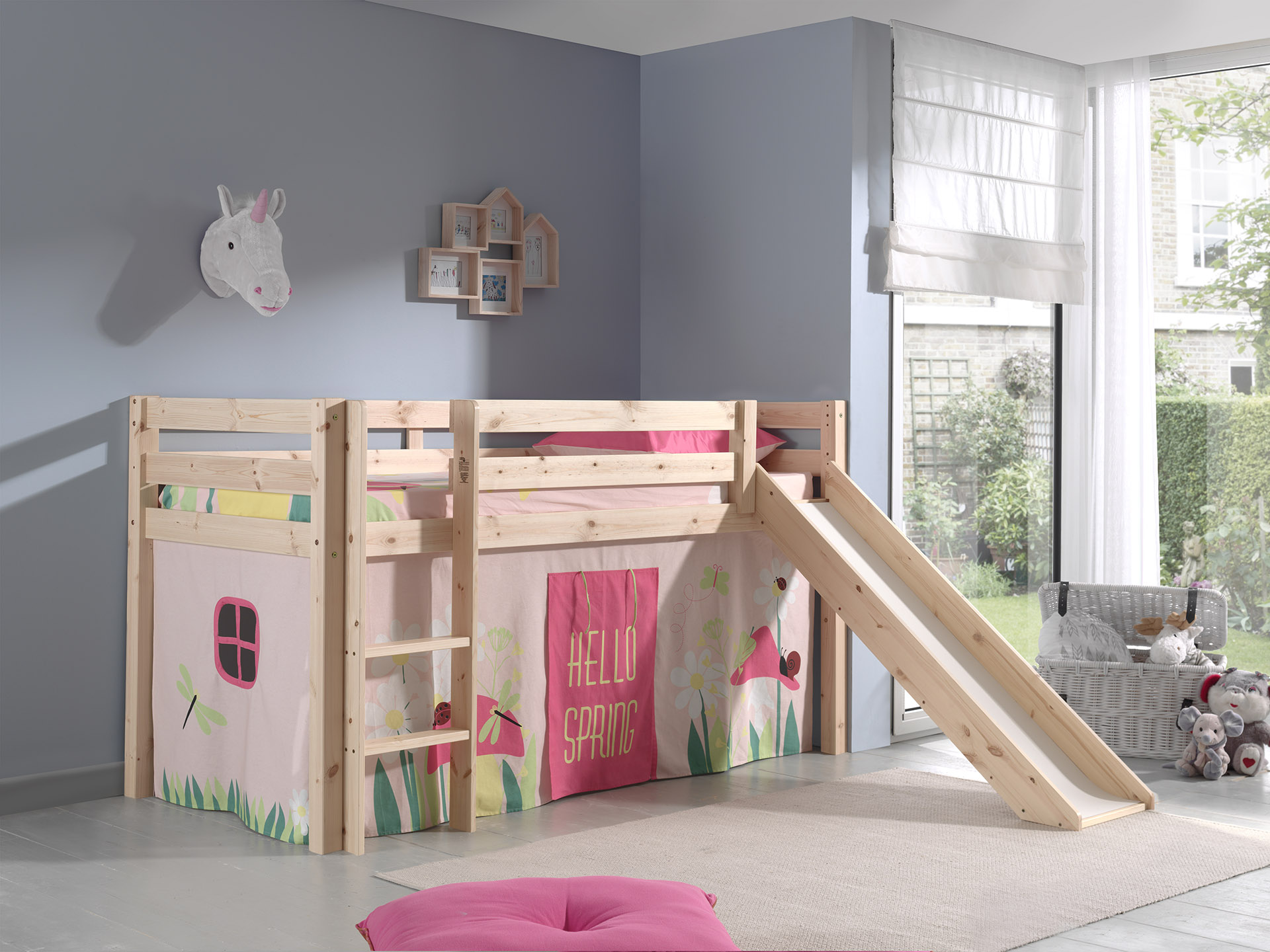 LUCEVI - Pino Halfhoogslaper + Ladder + Glijbaan + Spring Gordijntjes - Bruin - 90x200 cm
