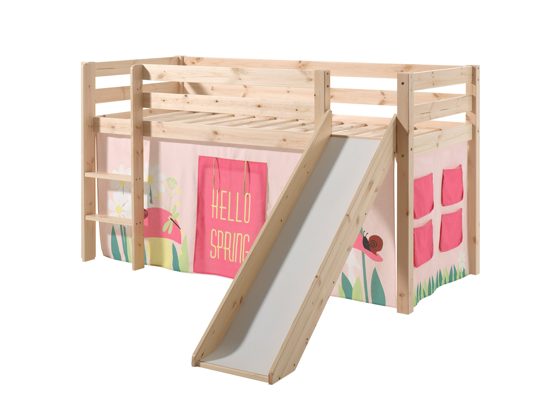 LUCEVI - Pino Halfhoogslaper + Ladder + Glijbaan + Spring Gordijntjes - Bruin - 90x200 cm